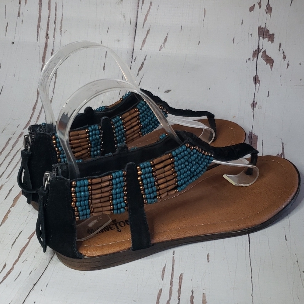 Minnetonka 7 T-strap thong ankle strap beaded black suede sandals - Picture 3 of 7